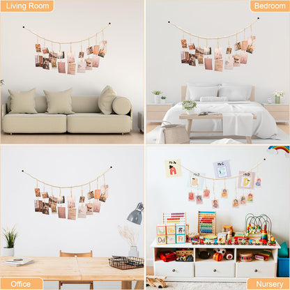WIVKFML Hanging Photo Display with 18 Wood Clips, Boho Wooden Bead Wall Décor for Bedroom, Living Room, Dorm, Kids Art Picture Display