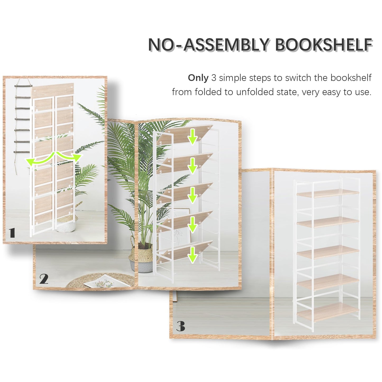 4NM No Assembly 5 Tier Collapsible Book Shelves, 51.2" H x 23.6" W Folding Bookshelf Bookcase Open Industrial Foldable Shelf for Bedroom, Living Room, Home Office - Natural White