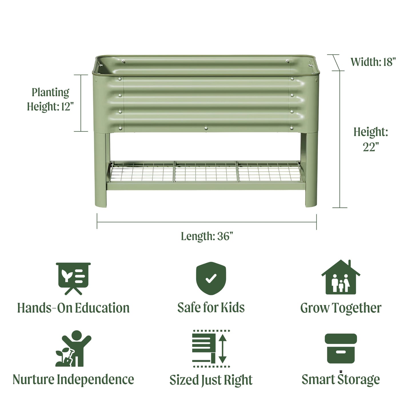 Elevated Raised Garden Bed for Kids Toddler, 16"(W) x 36" (L) x 22"(H) Outdoor Planters Box with Legs & Storage Rack, Solid & Safe Raised Beds for Gardening Herbs Vegetables Flowers, Olive Green