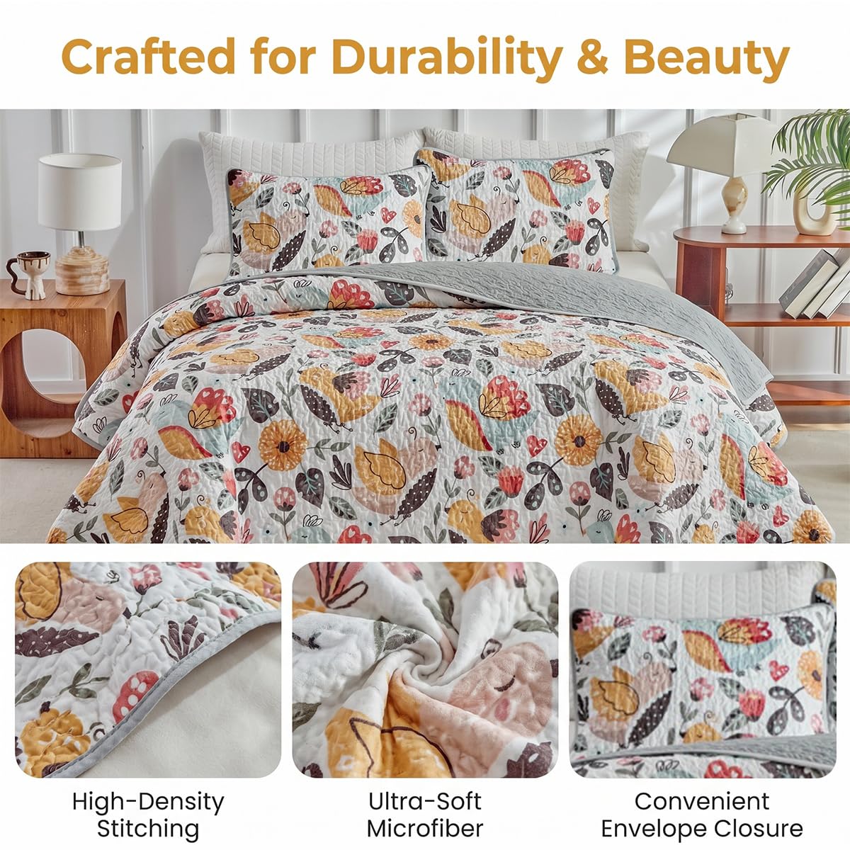 SANOCAY Boho Floral Quilt Set Queen Size, 3 Piece Lightweight Summer Bedding Set with 2 Pillow Shams, Soft Reversible Microfiber Bedspread, Farmhouse Coverlet for All Season (Bird, Queen)