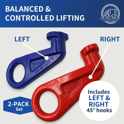 Shipping Container Lifting Hooks – USA Containers - Left & Right 45° Alloy Steel Hooks, 28,000 lb WLL Each (2 Pack)