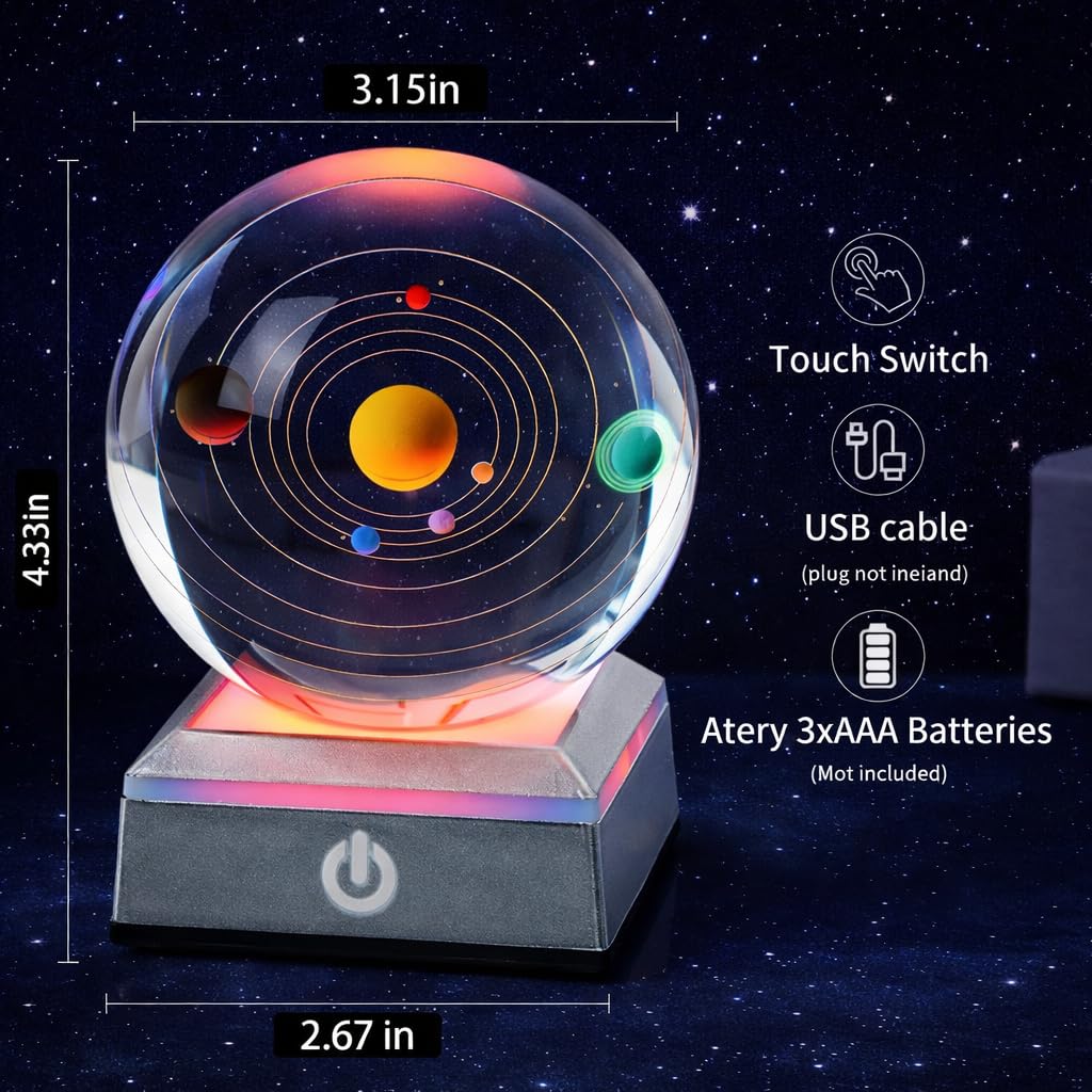 Zerelys 3D Crystal Ball Lamp Night Light, 3.15" Crystal Figurine Lamp Gifts for Women Wife Girlfriend Kid Romantic Room Decor, Birthday Gifts (3D Solar System)