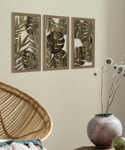 Putuo Decor Tropical Leaf Wall Art, Monstera Palm Leaves Natural Aesthetic Boho Decor, Set of 3 Modern Botanical Art for Living Room, Bedroom, Bathroom, Office 16x8 Inch