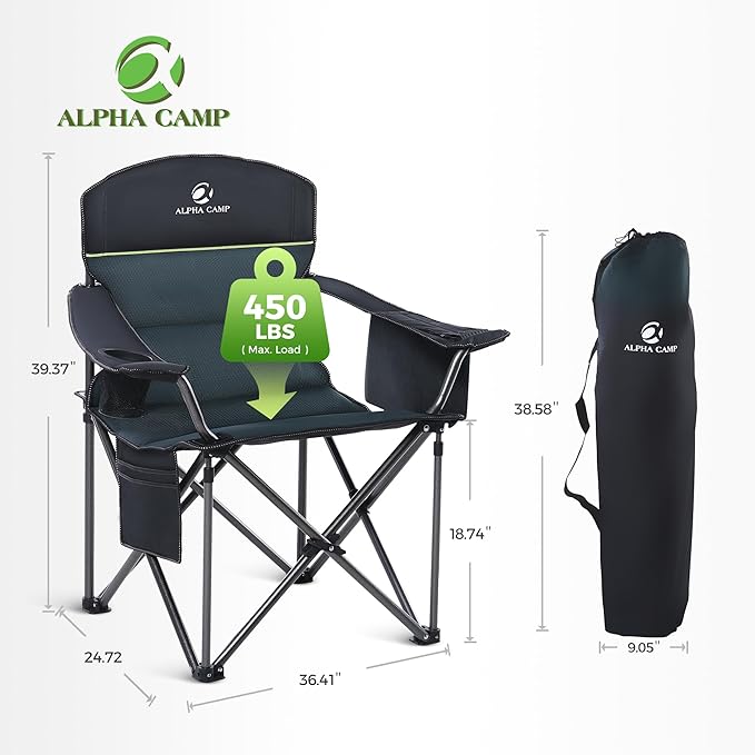 ALPHA CAMP Heavy Duty Camping Chair 500LBS Capacity, Oversized Folding Chair for Heavy People, Padded Portable Outdoor Chair with Cooler Bag & Cup Holder for Camping, Fishing, Beach
