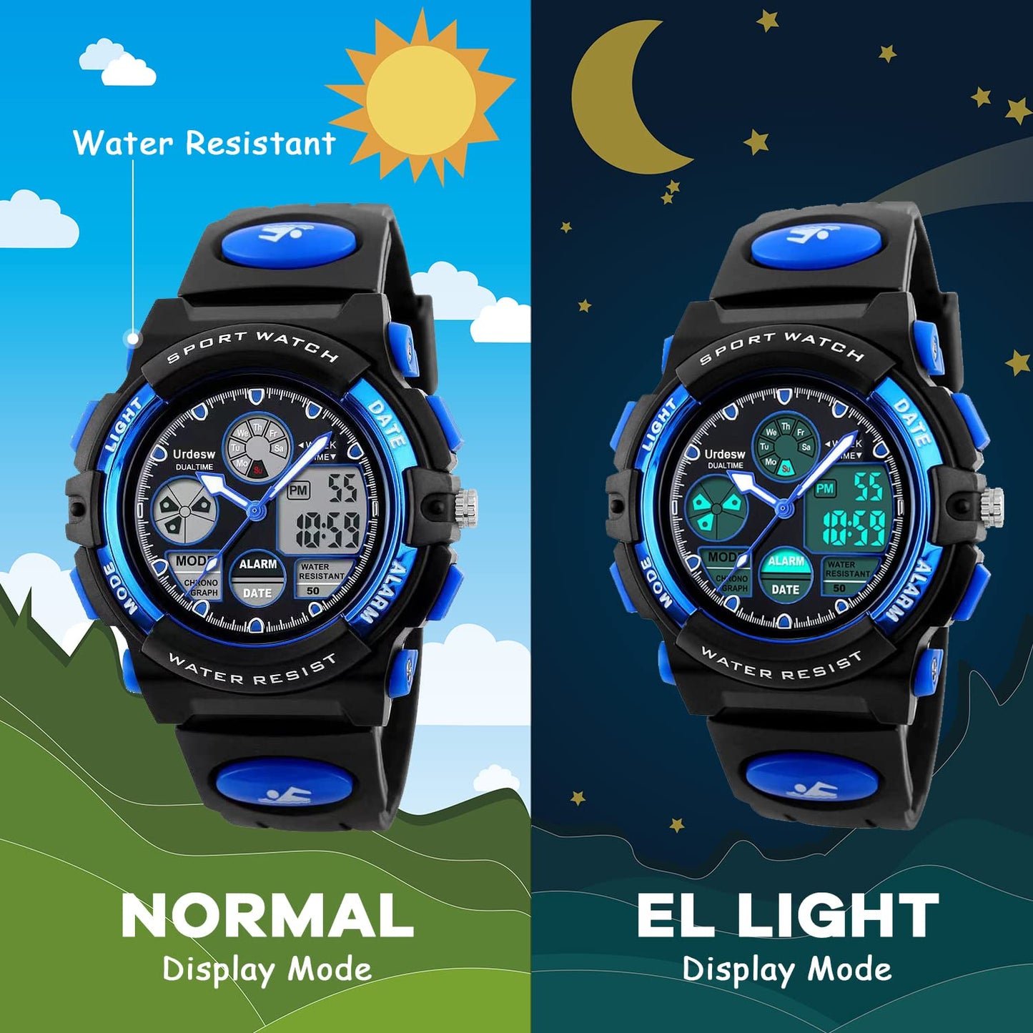 Urdesw Kids Digital Waterproof Watches for 6-15 Year Old Boys & Girls - Electronic Toys & Games - Birthday Presents & Gift
