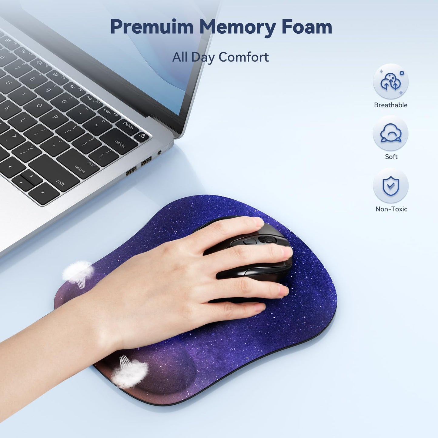 TECKNET Mouse Pad with Wrist Support, Ergonomic Gaming Mouse Pad Pain Relief, Portable Comfortable Mousepad for Computer, Laptop, Office, Home - Non-Slip Base, Waterproof Surface - Dark Purple Galaxy
