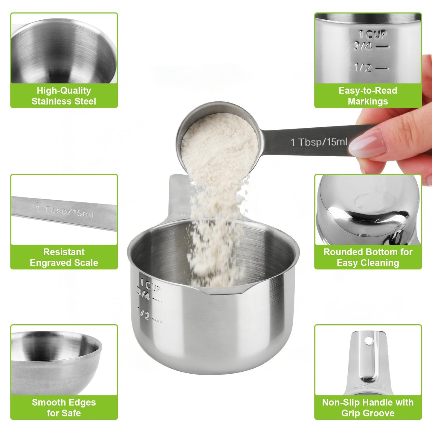 Stainless Steel Measuring Cups and Spoons Set of 10, Nesting Measuring Cup Set - 4 Cups 6 Spoons, Stackable Measure Cup Spoon Set for Dry & Liquid,Dishwasher Safe Kitchen Tools Cooking Baking Supplies