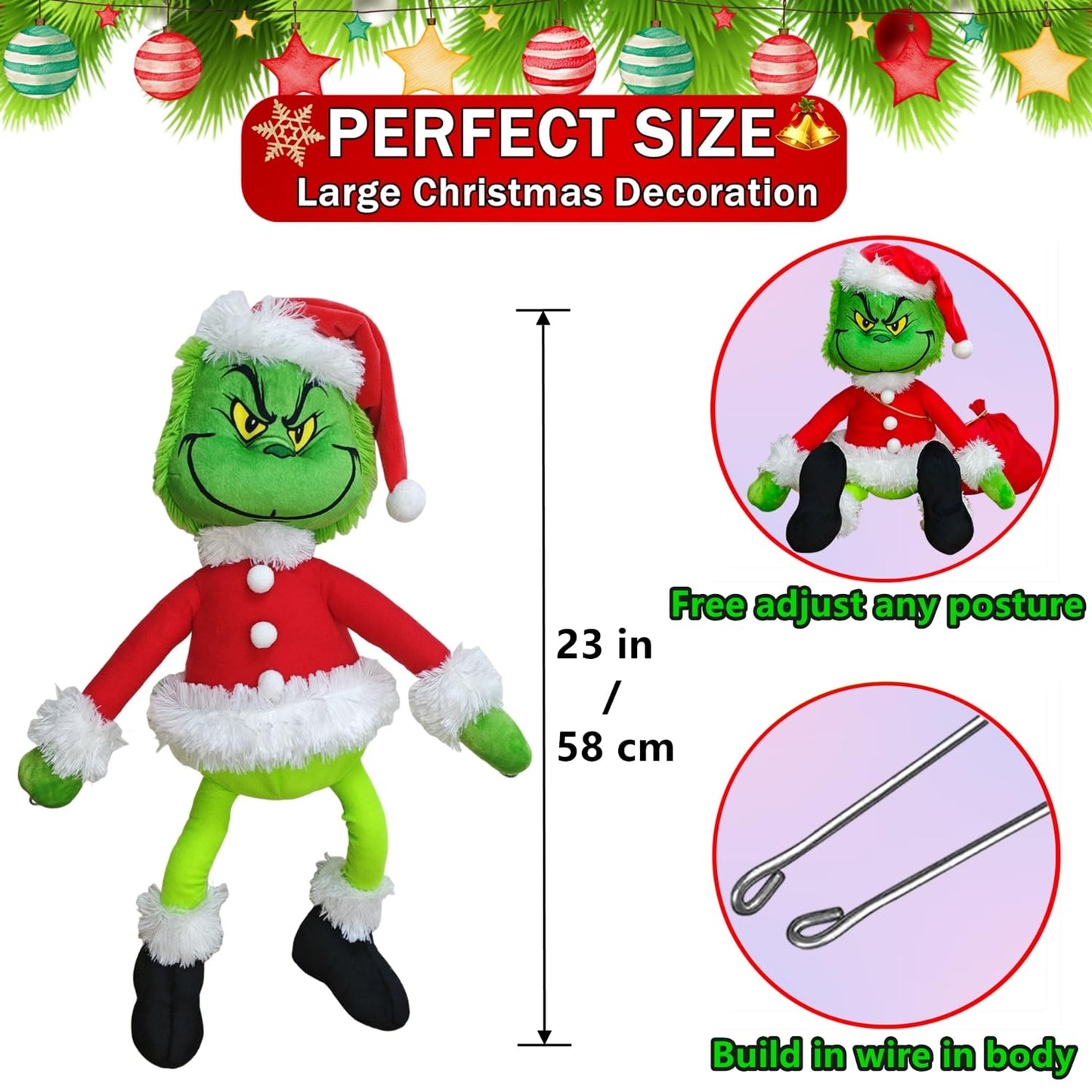 Christmas Green Monster Decorations, 23.6in Light Up Green Santa with LED String Lights Christmas Tree Ornaments, Pose-able Stuffed Doll for Outdoor Indoor Lawn Decoration
