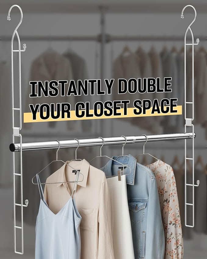 Hanging Closet Rod Stainless Steel, 1 Pack Adjustable Height & Width Closet Rod