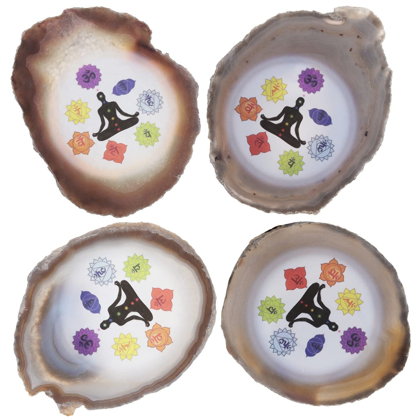 SUNYIK 7 Chakra Pattern Natural Geode Agate Slice Display with Wooden Stand, Irregular Agate Slab Tabletop Desktop for Office Home Decor, White-7 Chakra