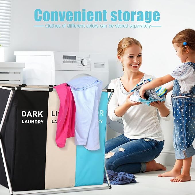 Laundry Cloth Hamper Sorter Basket Bin Foldable 3 Sections