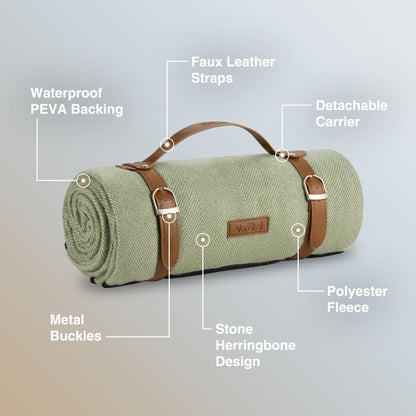 VonShef Picnic Blanket, Green Herringbone Outdoor Rug with Waterproof Backing, 6 Person Weatherproof Picnic Mat with Faux Leather Handle, Water Resistant Camping Accessories, 147x180cm