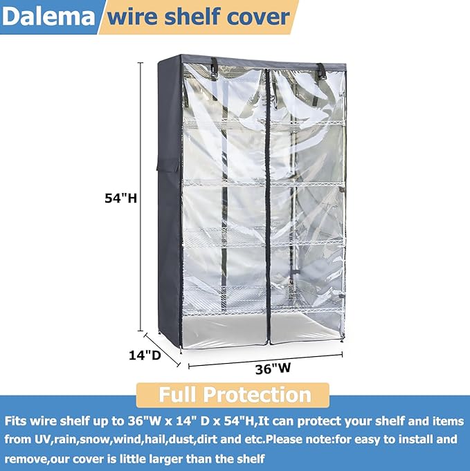 Waterproof Shelf Cover,600D Heavy Duty Dustproof Storage Wire Rack Covers,Outdoor Shelving Covers for Wire Shelves with Zipper 36''x14''x54'',Clear Front.