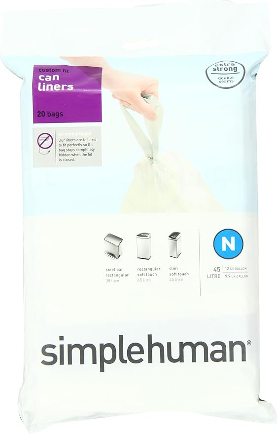 simplehuman Custom Fit Trash Can Liner N, 45 Liters / 12 Gallons