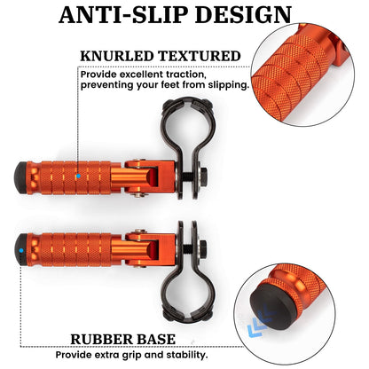 XINGWU M8 Motorcycle Foot Pegs 90 Degree Foldable Footpegs CNC Anti-Skid Footrest Universal for Yamaha Honda Suzuki Aprilia Electric Car Motorbike Mini Bike Dirt Pit Bike Passenger Pedal (Orange)
