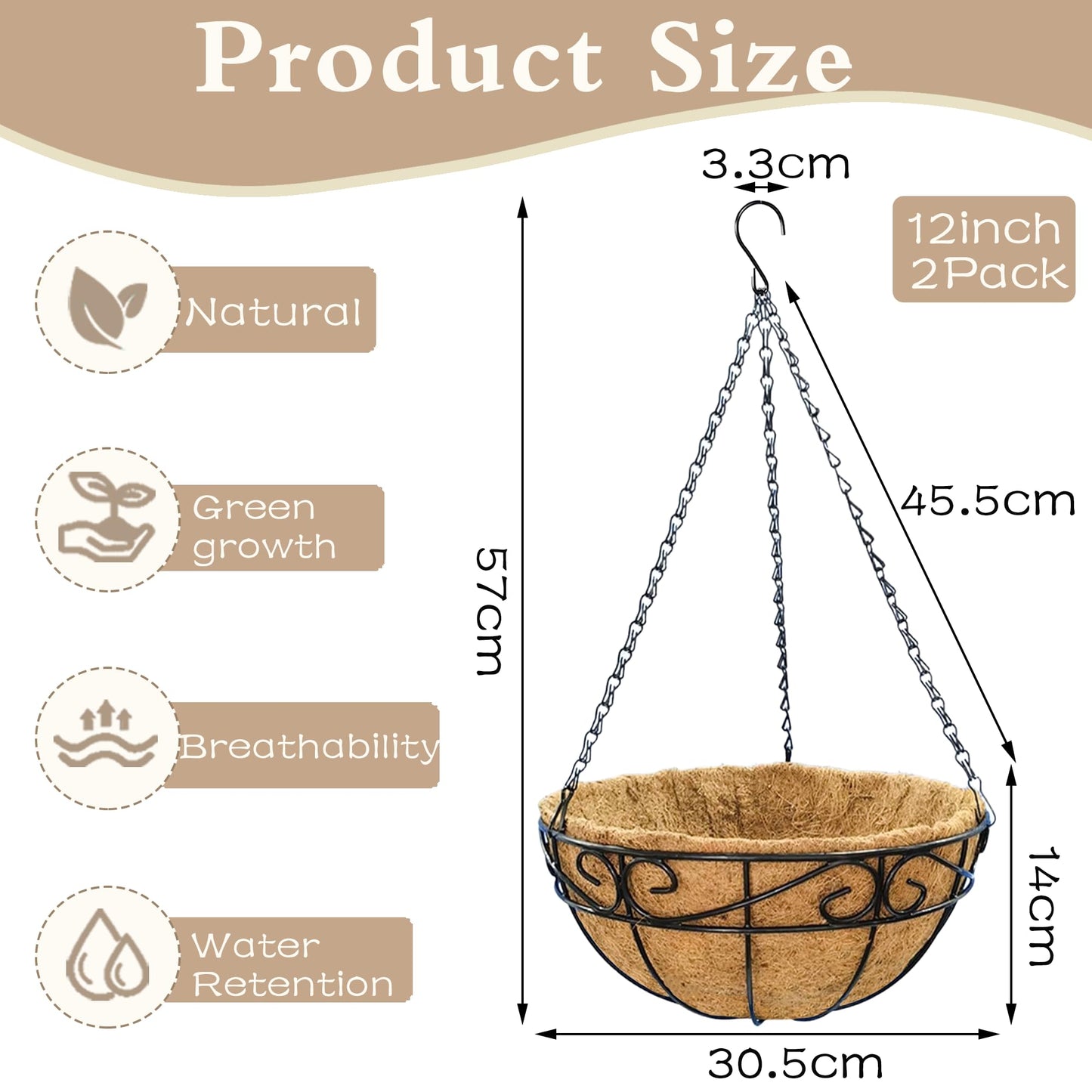 EIMQUVW Outdoor Metal Hanging Planters Basket (2pack, 12 inch) Hanging Baskets for Plants Chain Round Wire Plant Holder with Coco Fiber Liners for Garden, Patio, Deck, Porch(Flower Border)