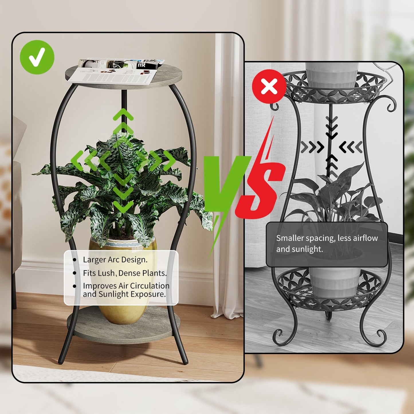 VYUOL Plant Stand Indoor, 2 Tier Round Tall Plant Stand, Flower Pot Stand, Plant Shelf Rack, Corner Plant Stand for Planter Garden Balcony Patio Living Room, Grey