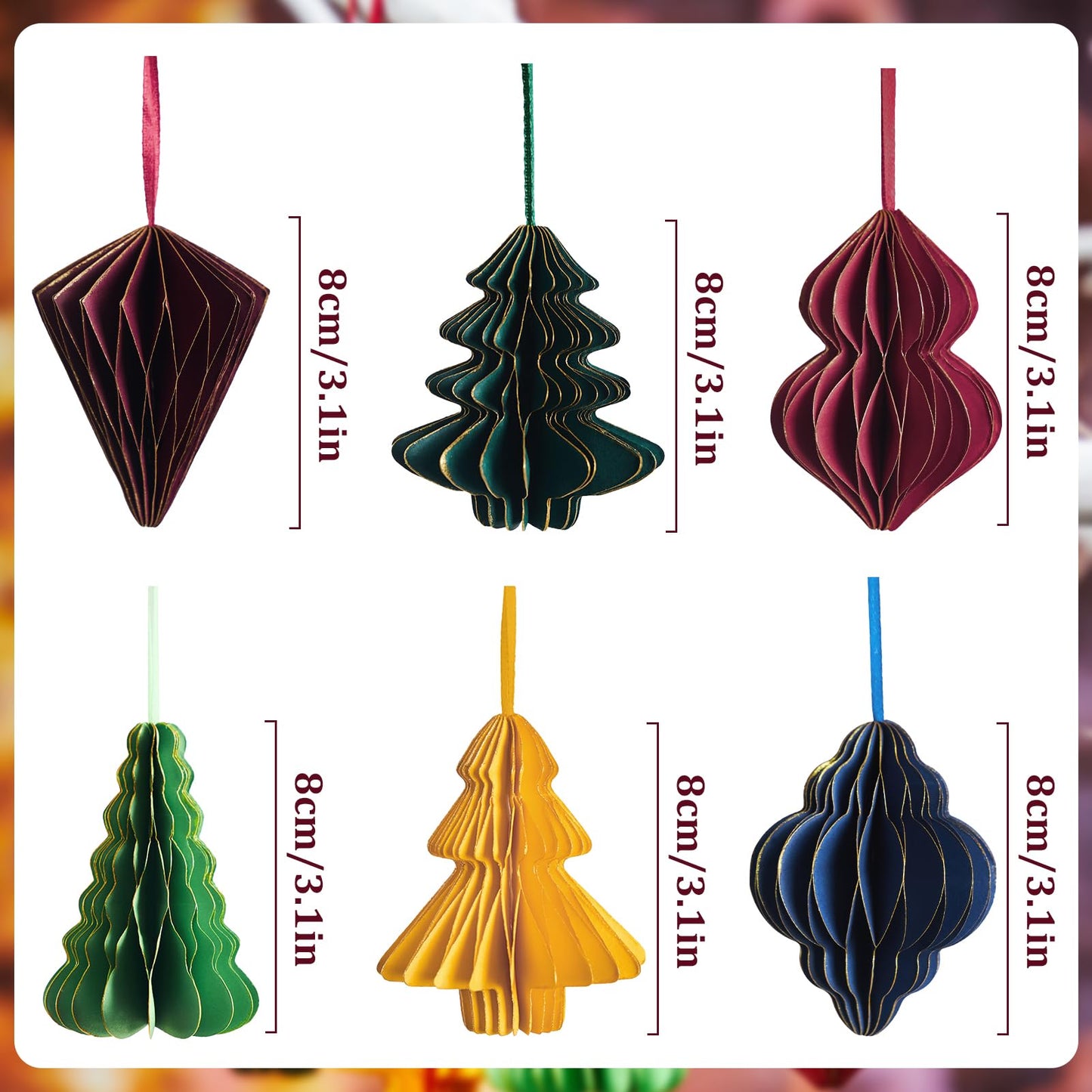 OBBOLO Paper Christmas Tree Ornaments, Red and Green Xmas Party Decorations, 6PCS 3D Mini Glitter Edges Paper Honeycomb Ornaments for Xmas, New Years, Holiday Home Decor