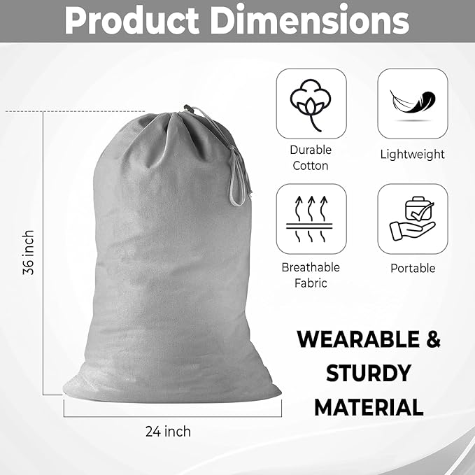 2 Pack - Extra Large Cotton Laundry Bag, Heavy Duty Large Laundry Bags 24 x 36