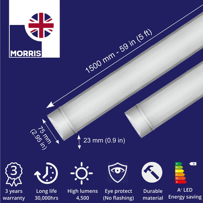 Morris 45w LED Batten Lights 5ft, 150cm, 6000k Daylight, IP20 LED Fluorescent Strip Light Fitting for Ceiling of Home & Office, Workshop & Garage Lighting, Pack of 2