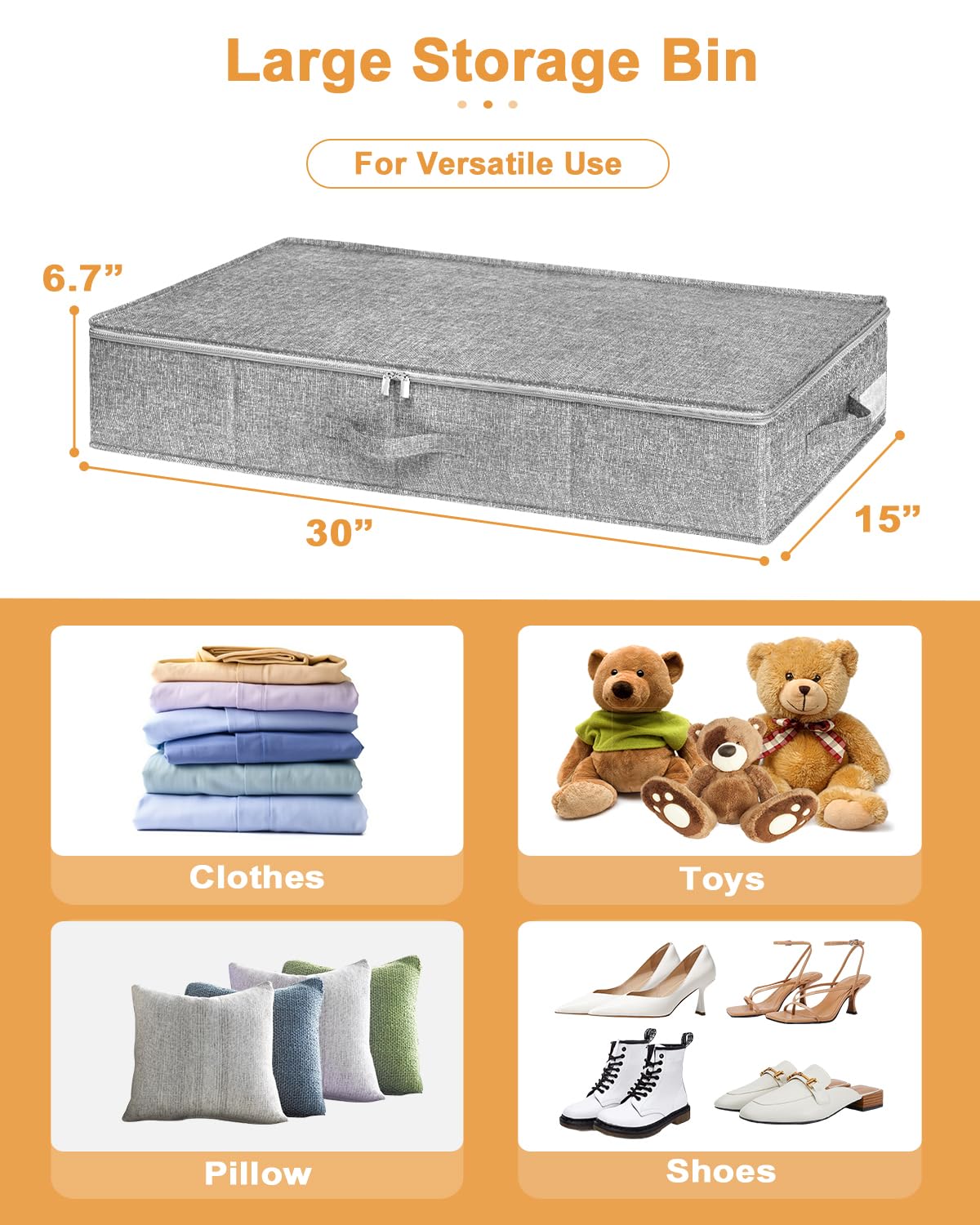 Under Bed Storage, 2 Pack Underbed Storage Container Bags With Lid, Foldable Sturdy Clothes Storage Drawer Organizer W/ 3 Handles, Ultra Thick Fabric Blanket Shoe Storage Box, 30x15x6.7inch, Grey