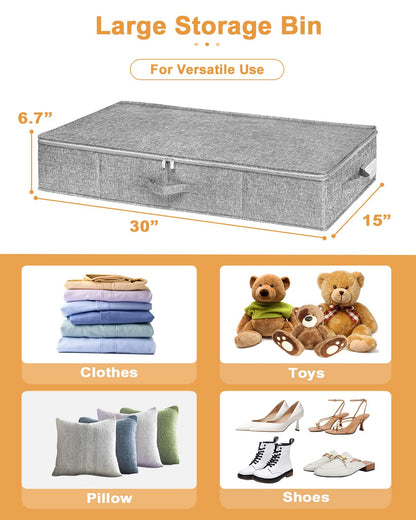 Under Bed Storage, 2 Pack Underbed Storage Container Bags With Lid, Foldable Sturdy Clothes Storage Drawer Organizer W/ 3 Handles, Ultra Thick Fabric Blanket Shoe Storage Box, 30x15x6.7inch, Grey