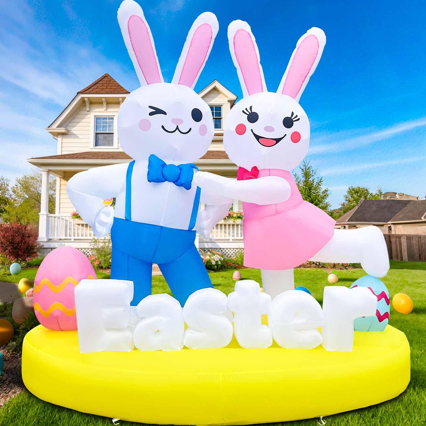 6FT Easter Inflatables Outdoor Decoration Inflatable Bunny Lover Dancing Built in LED Lights Bunny Blow Up Yard Decoration for Lawn Garden Holiday Party(with Storage Bag)