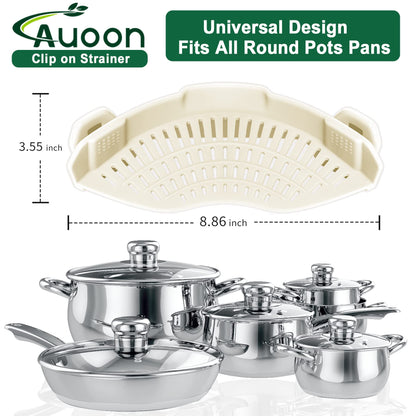AUOON Clip On Strainer Silicone for All Pots and Pans, Pasta Strainer Clip on Food Strainer for Meat Vegetables Fruit Silicone Kitchen Colander