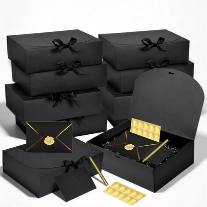 WLUSEAXI 10 Pack Black Gift Boxes with Lid, Bridesmaid Proposal Box with Cards and Envelopes Metal Pen Sticker for Groomsmen Proposal,Birthday,Wedding, Mother's Day 10.6×8×3.1 Inch