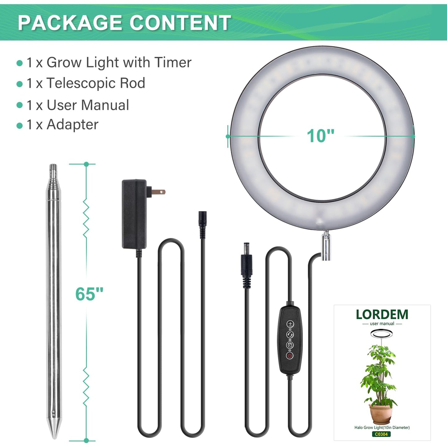 LORDEM 10" Full Spectrum Grow Light, 160 LEDs Plant Lamp for Indoor Plants, Grow Lamp with 4/8/12H Auto Timer, 6 Dimmable Levels, 3 Spectrum Modes, 65" Height Adjustable, Ideal for Large Tall Plants