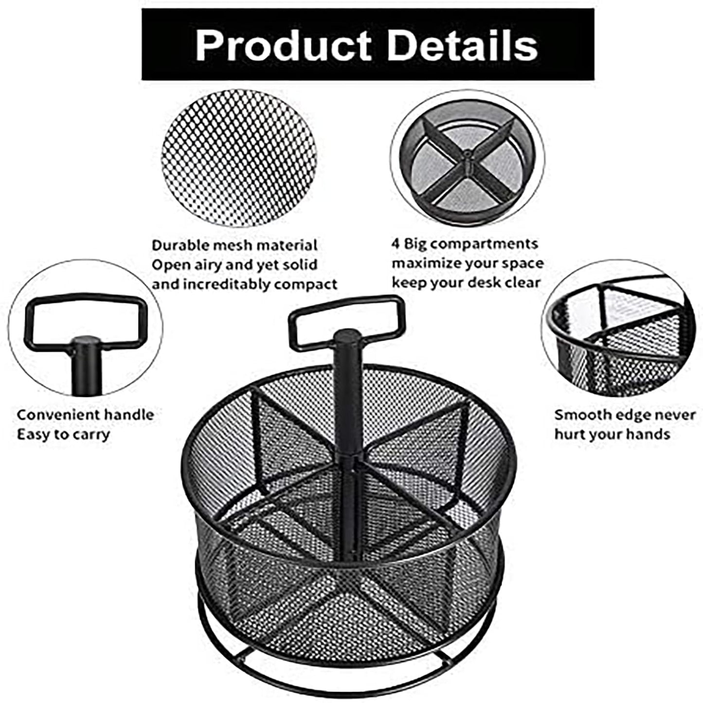 Marbrasse Mesh Desk Organizer, 360-Degree Rotating Multi-Functional Pen Holder, 4 Compartments Desktop Stationary Organizer, Home Office Art Supply Storage Box Caddy (Black)