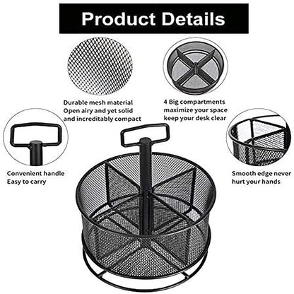 Marbrasse Mesh Desk Organizer, 360-Degree Rotating Multi-Functional Pen Holder, 4 Compartments Desktop Stationary Organizer, Home Office Art Supply Storage Box Caddy (Black)
