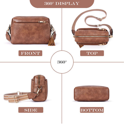 Roulens Triple Zip Small Crossbody Bag for women,Wide Strap Cell Phone Purse Shoulder Handbag Wallet with Credit Card Slots