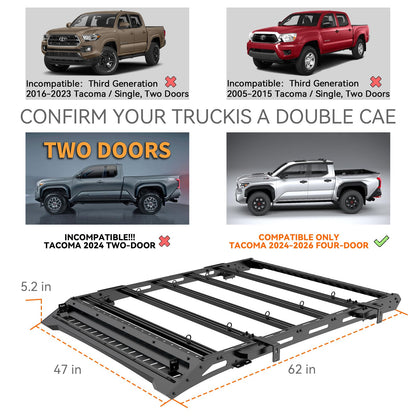 Titan Series Heavy Duty | Roof Rack for 4th Generation Compatible with only 2024, 2025, 2026 Tacoma/TRD Pro Version Double Cab 4 Door Pickup | with Handle/Side Awning Stand | No Drilling Installation