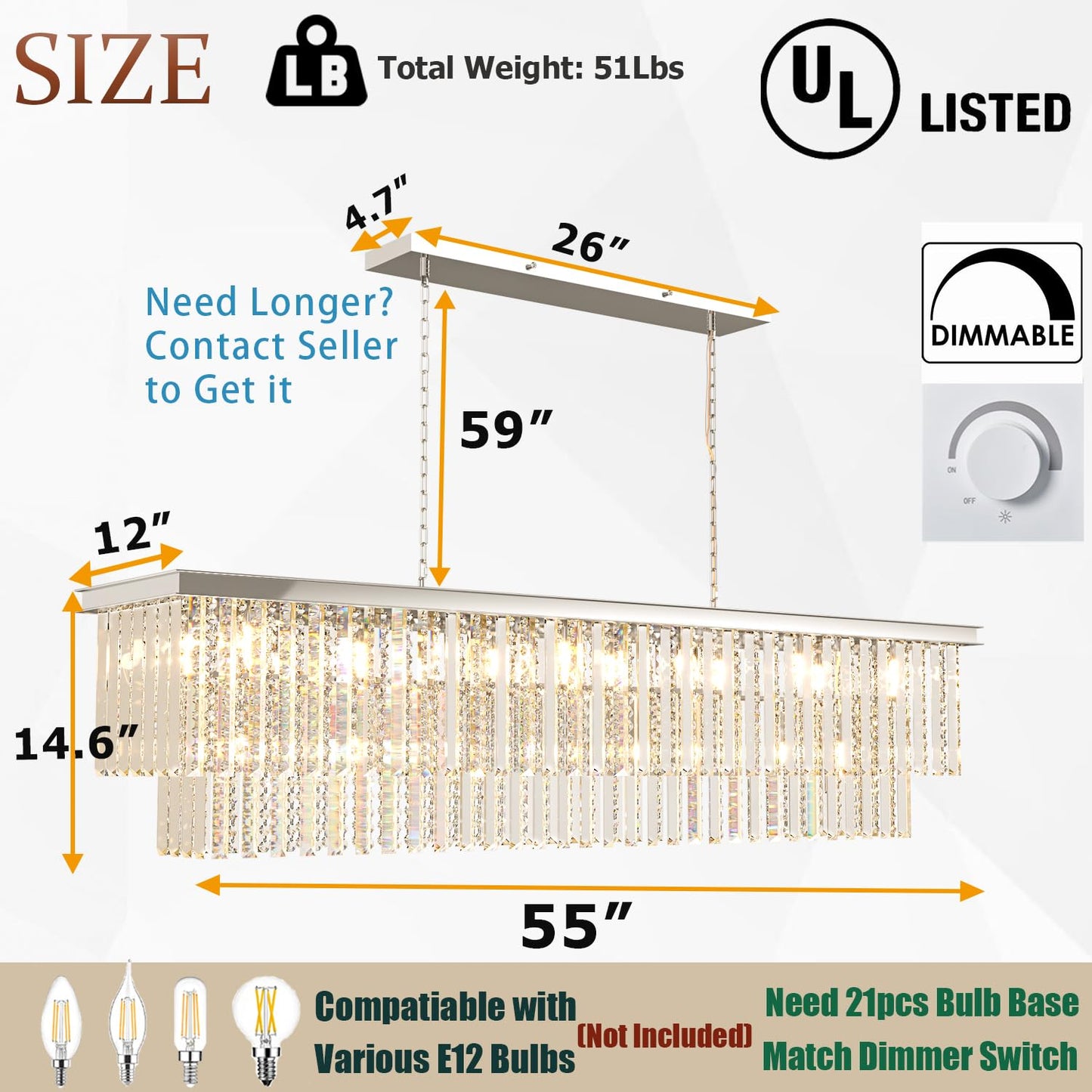 Arotikee Luxury Rectangular Crystal Chandelier for Dining Room, 55" Modern Chrome Linear Chandelier Over Table, Statement Lighting for Kitchen Island & Living Room