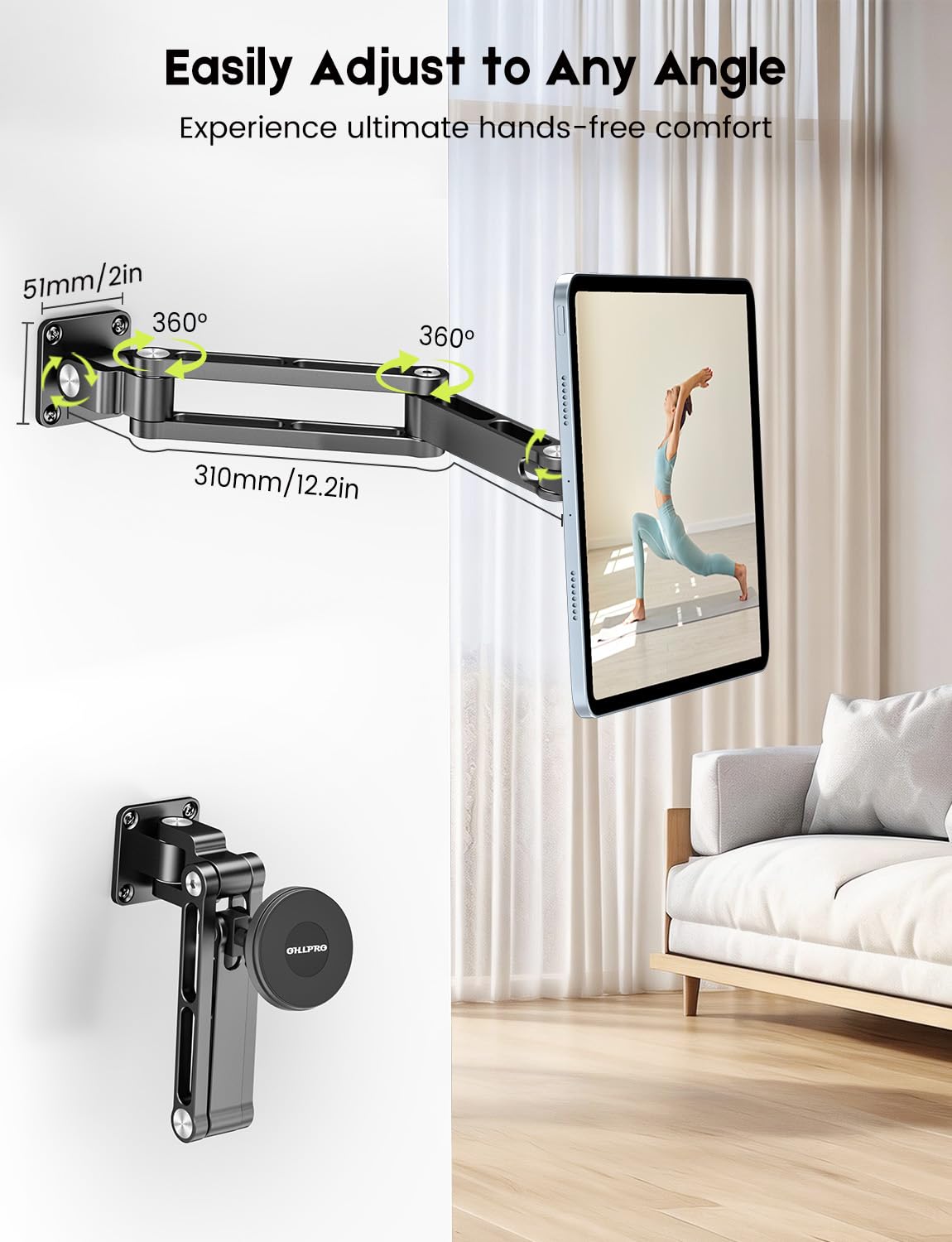 OHLPRO Magnetic Tablet Wall Mount, iPad Wall Mount Holder with 360° Rotating 2-Stage Foldable Aluminum Arm, MagSafe Compatible for Phones and Tablets, for Kitchen, Gym, Office, Home
