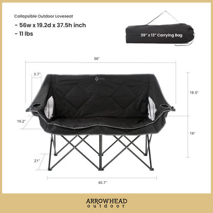 ARROWHEAD OUTDOOR 2-Pack Portable Folding Camp Loveseat Chair w/Glass & Cup Holders, Heavy Duty Carry Bag, 650 lbs Weight Capacity
