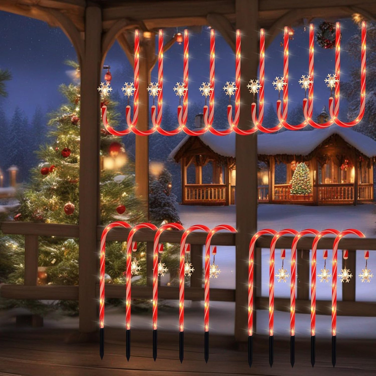 10 Pack Solar Christmas Candy Cane Pathway Lights with Snowflake, Waterproof LED Outdoor Stake Lights for Lawn, Yard, Walkway, Solar Powered Christmas Decorations for Garden, Patio (Warm White)