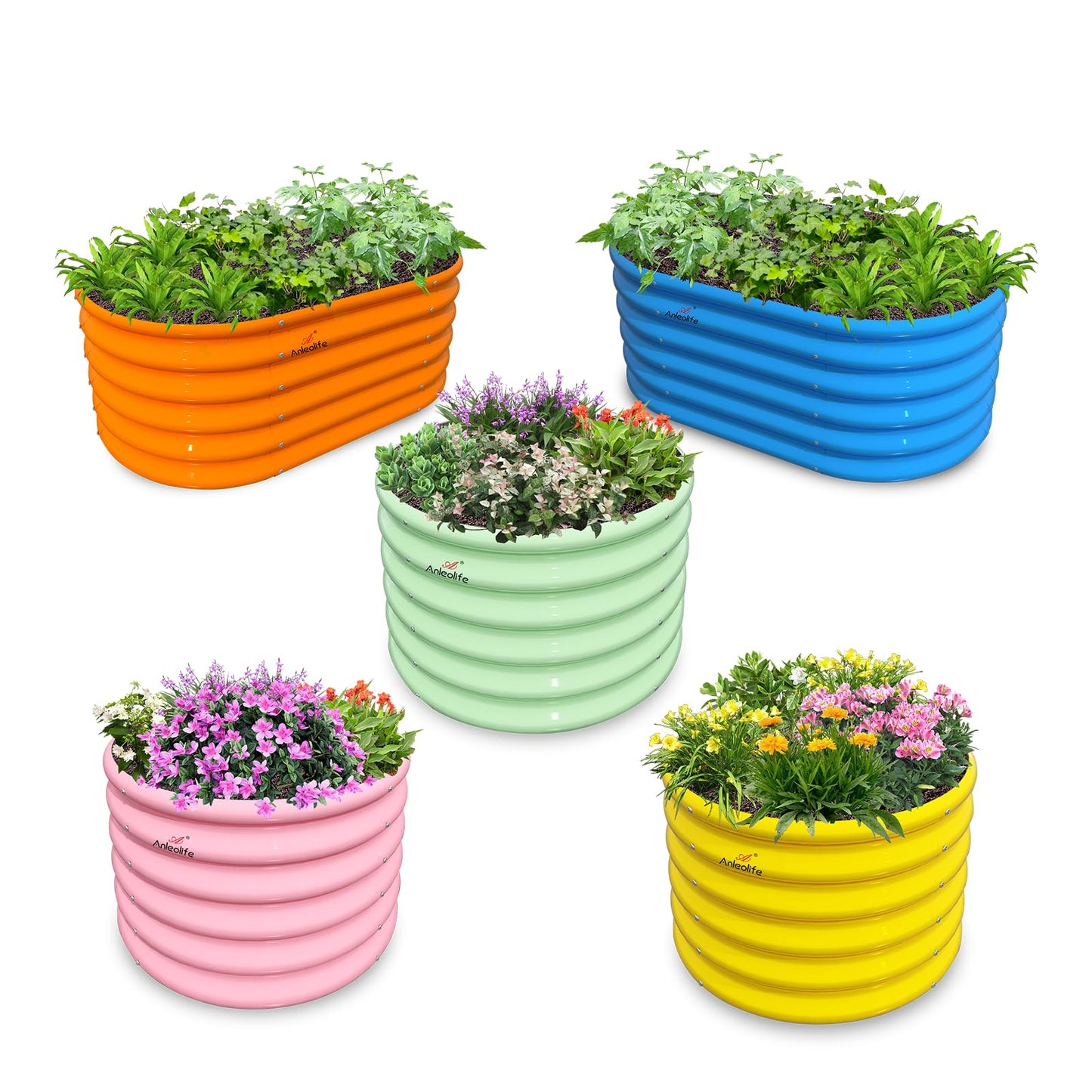 A ANLEOLIFE 5-Pack 18in Tall Kids Mini Raised Garden Beds Outdoor, 40x24in Oval & 24x24in Round Galvanized Metal Planter Box for Planting Vegetables, Flowers, Fruits, Eco-Safe & Easy Setup