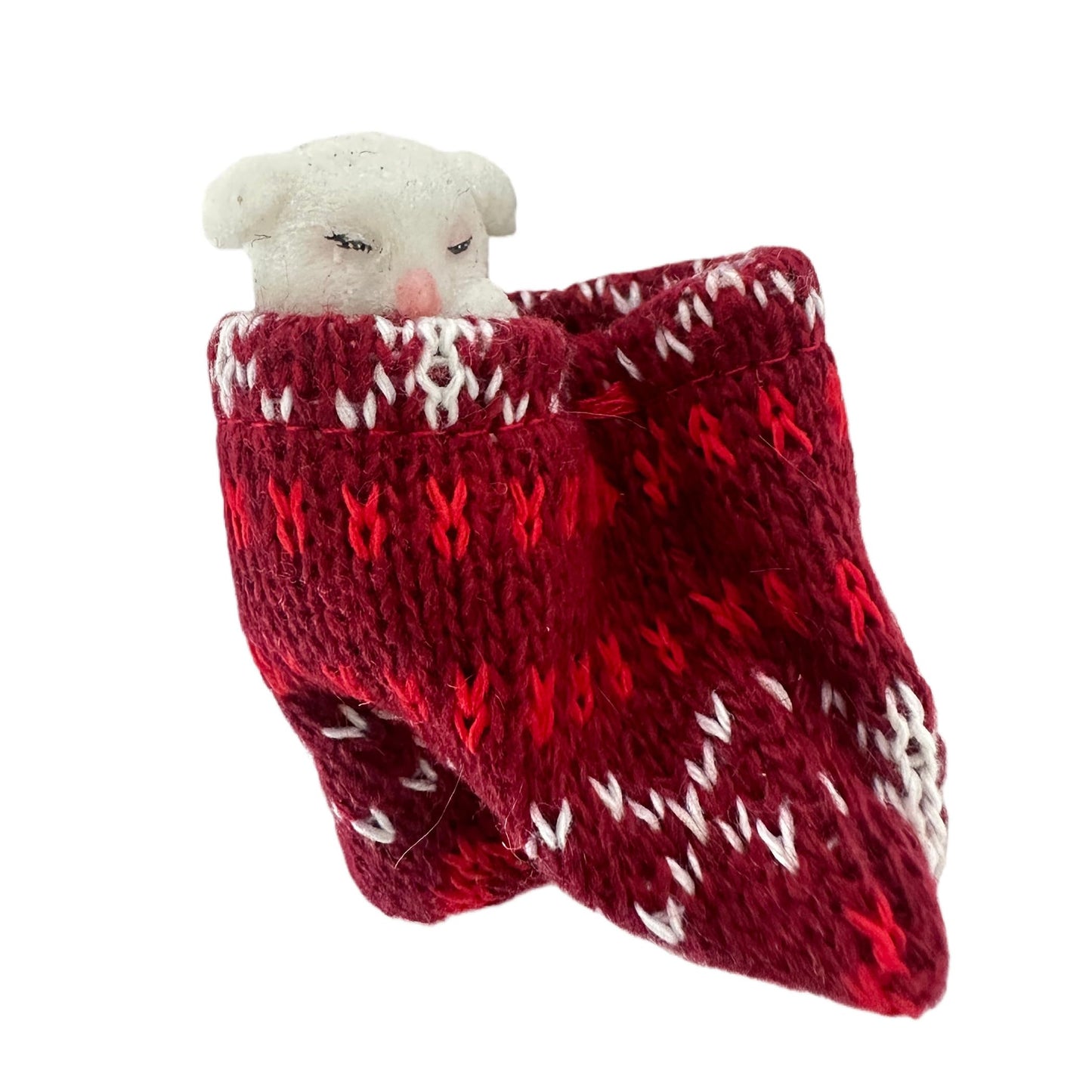 Nature's Mark Miniature White Puppy in Red Knit Stocking Christmas Ornament – 2.4-Inch Festive Dog Lover’s Holiday Decor, Cozy Knitted Fabric Hanging Puppy Decoration