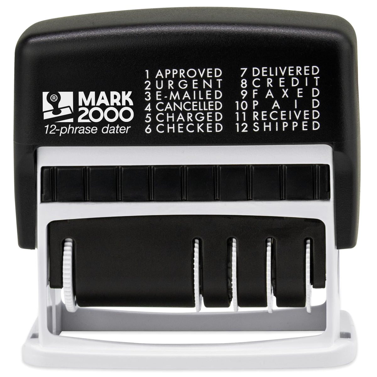 Mark 2000 12-Phrase Dater - Self-Inking Stamp - Blue Ink, Red Date