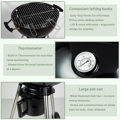 18-Inch Kettle Charcoal Grill with Lid & Wheels, Beginner-Friendly BBQ Grill for Backyard, Patio & Family Cookouts, Easy-to-Use Outdoor Charcoal Grill with Ash Catcher