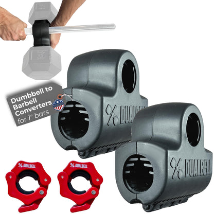 DUALBELL Dumbbell Converters- Pair Black and red weight collars for 1", 25mm bar- Connect Dumbbells to Barbells for 1" standard diameter bar, barbell adapters replace weight plates- 250lbs capacity
