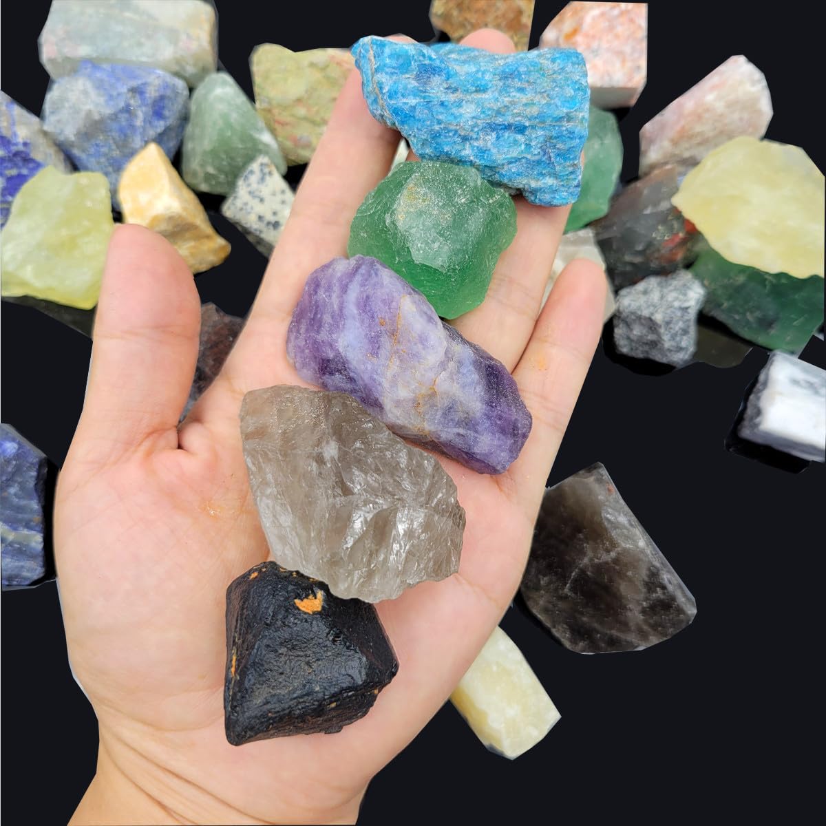 50Pcs+ (3.6lb) Natural Rocks for Tumbling,30Kinds Bulk Gemstone Raw Crystals Rough Stones for Polishing Wicca & Reiki Crystal Healing,Blue Apatite,Black Tourmaline,Citrine (Mix Color)