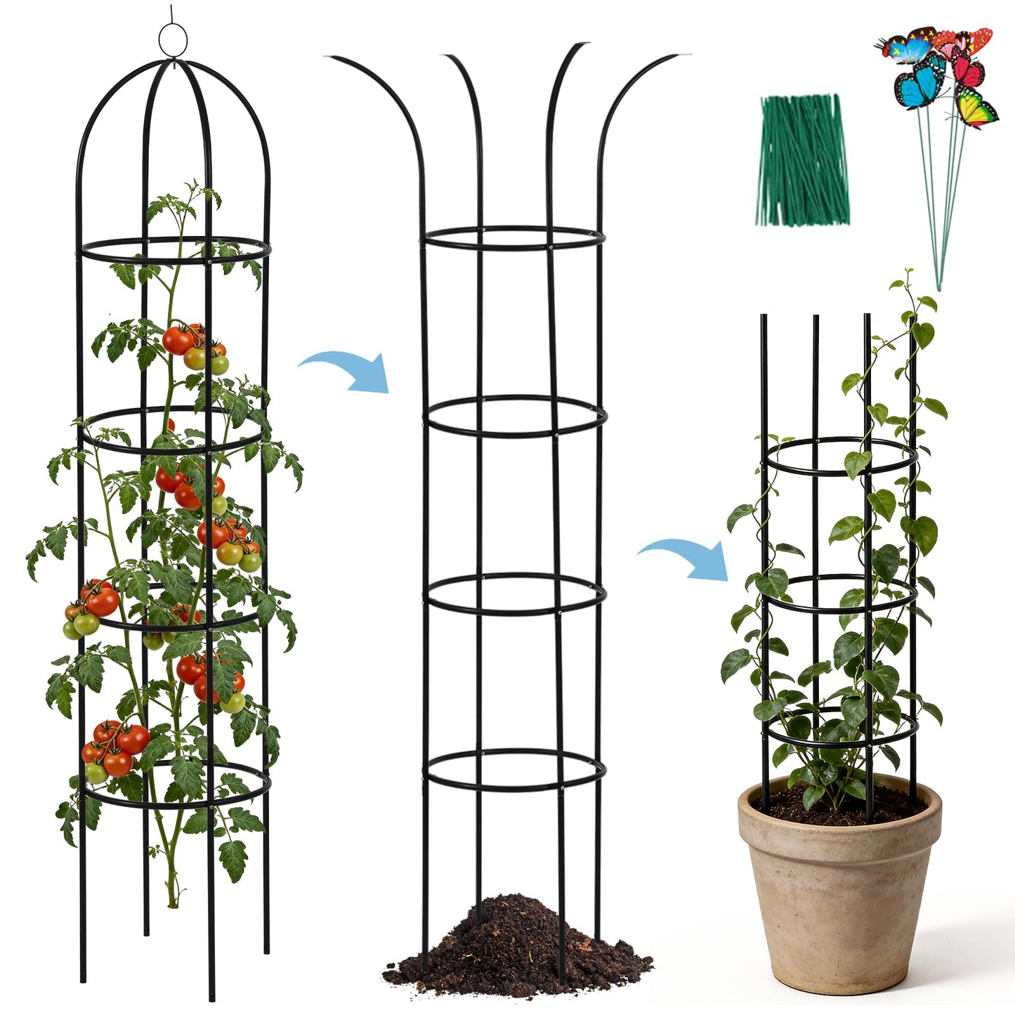 DEVISEFUN 100% Metal Trellis for Climbing Plants Outdoor 6.6ft 1PK,Garden Obelisk Trellis for Potted Plants Indoor with Ties and Butterflies,Plant Support for Clematis Tomato Cucumber Ivy Rose