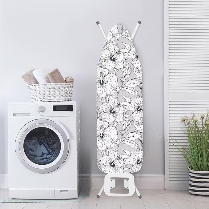 Black White Hibiscus Flower Ironing Board Cover-15x 54 Sketch Tropical Flowers