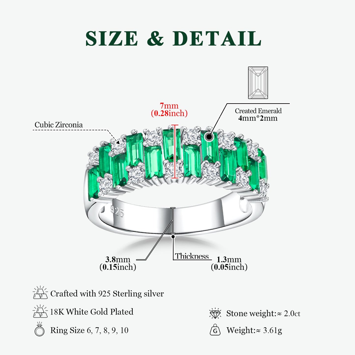 RANDES Emerald Baguette Ring 925 Sterling Silver Band Rings for Women Men Emerald Cut Wedding Band Green Stone Ring Size 7