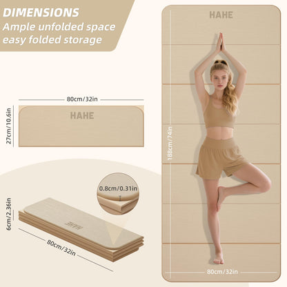 Foldable Yoga Mat, 74"Lx32"Wx1/3"Thick, Folding Exercise Mat, Non-slip Wide Pilates Mats for Home Workout/Travel, Portable Yoga Mat Thick for Yoga/Pilates/Camping/Floor Exercises (Cream)