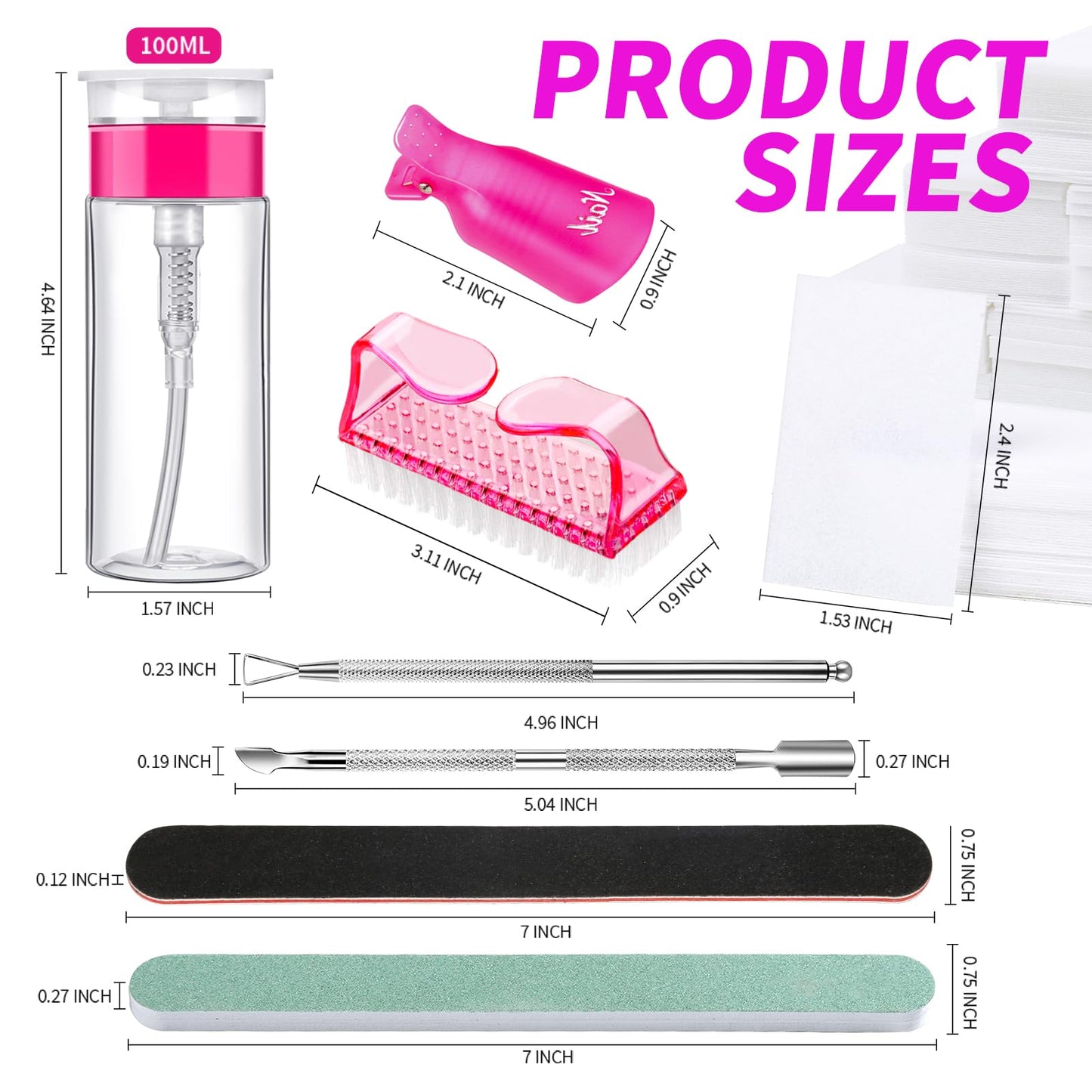 FANDAMEI Nail Polish Gel Remover Tools Kit with Nail Clips, 100ml Nail Polish Remover Bottle, 500 Nail Remover Cotton Pad, Nail Brush, Cuticle Pusher/Peeler, 100/180 Nail File,Buffer Block