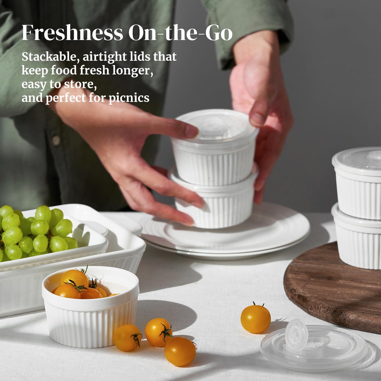 DOWAN Ramekins 8 oz Oven Safe with Lids, Creme Brulee Ramekins Bowls, Porcelain Ramiken Souffle Dishes, Custard Cups for Baking, Small Bowls for Pudding Dip Sauces Dessert, White, Set of 6